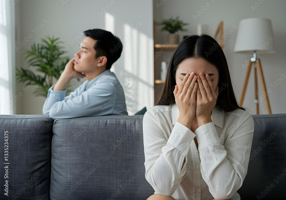 distressed woman covering face while man looks away in tense moment
distressed woman covering face while man looks away in tense moment