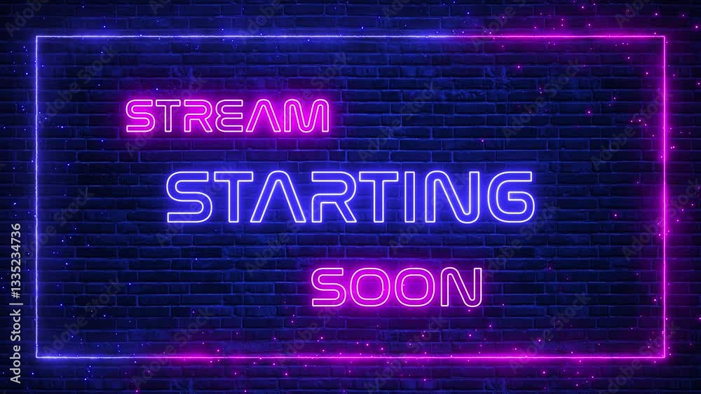 stream starting soon neon lights text on blue brick wall animation, streaming and broadcasting social media motion design element	