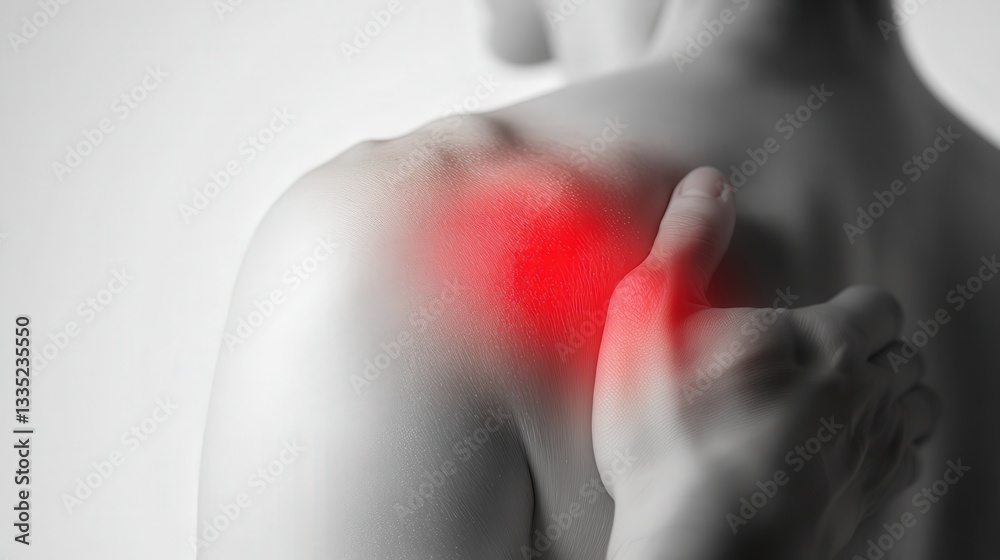 Fototapeta premium shoulder in pain, with the joint highlighted red to represent inflammation. The background is white, 