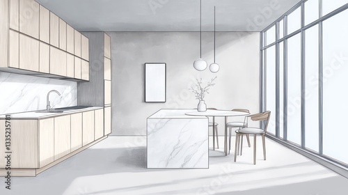 A hand-drawn perspective of a minimalist kitchen featuring a white marble island, light wood modern cabinets, and a simple round dining table