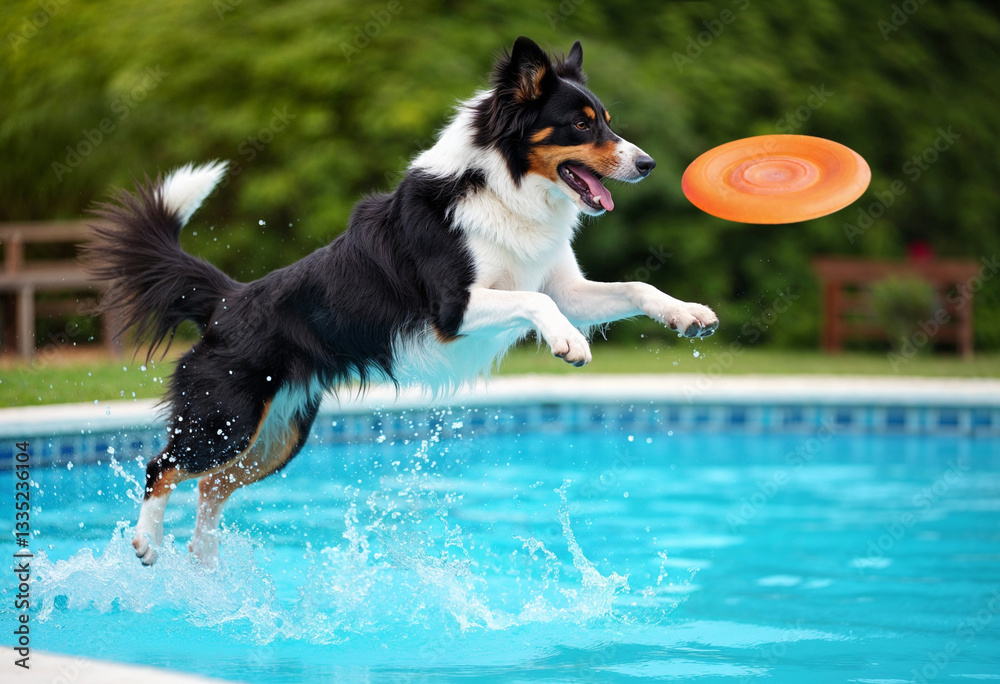 side view photo of a border collie mid-air, leaping into a pool catching frisbee