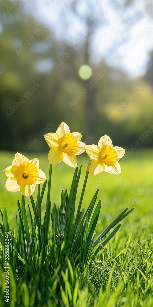 Fototapeta premium A bunch of yellow flowers are in a field of green grass. The flowers are in full bloom and are surrounded by the grass. Concept of freshness and beauty