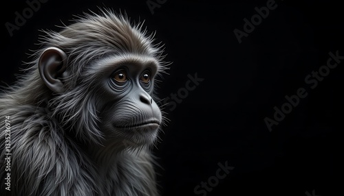 Close-up portrait of a pensive young monkey with soft, fluffy fur against a stark black background, showcasing intricate details of its face and ears.
