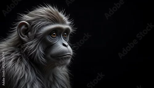 Obraz Close-up portrait of a pensive young monkey with soft, fluffy fur against a stark black background, showcasing intricate details of its face and ears.