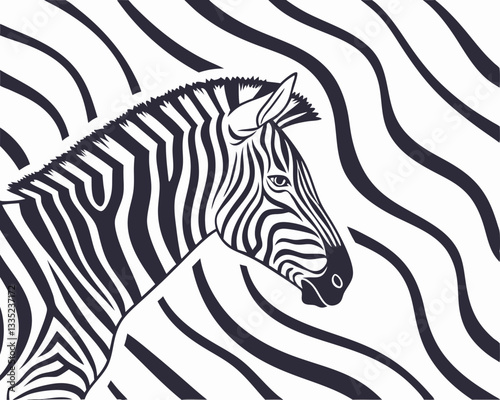 Zebra Head in Abstract Striped Background. Stylish black and white vector illustration of a zebra head with an abstract wavy striped background.
