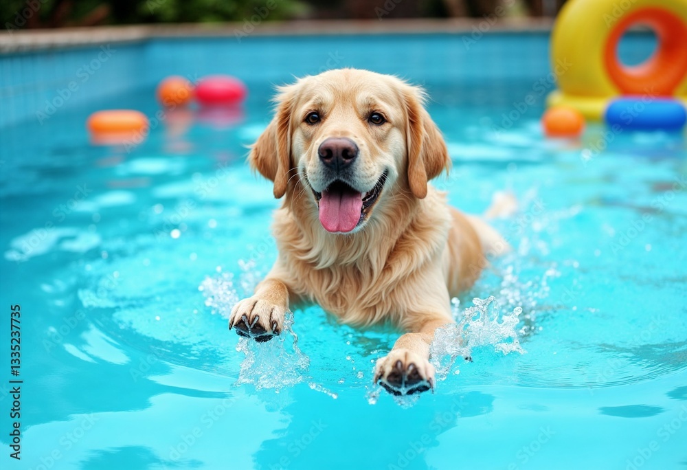 The golden retriever puppy joyfully splashing in a clear pool