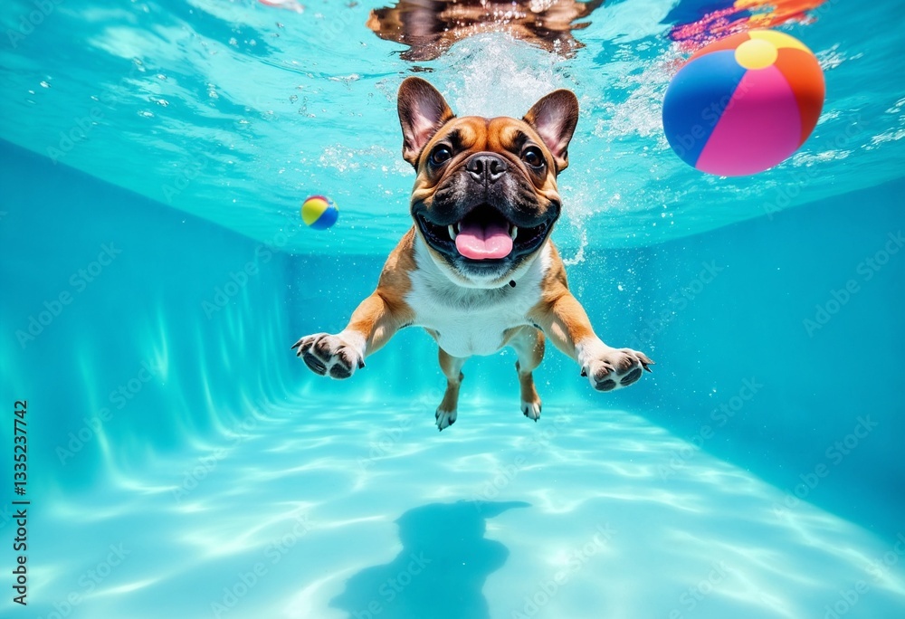 Underwater photo of a french bulldog diving and joyfully splashing in a crystal-clear pool with colorful balls floating around