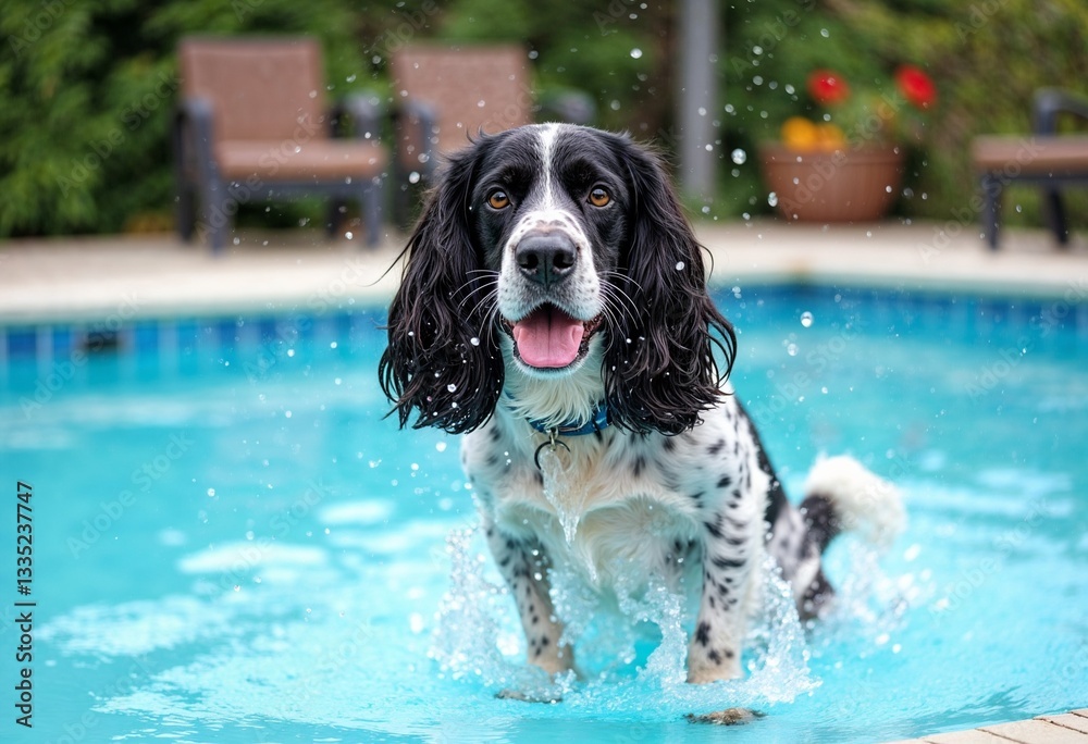 spaniel dog shaking off water on the pool deck by the pool after swimming