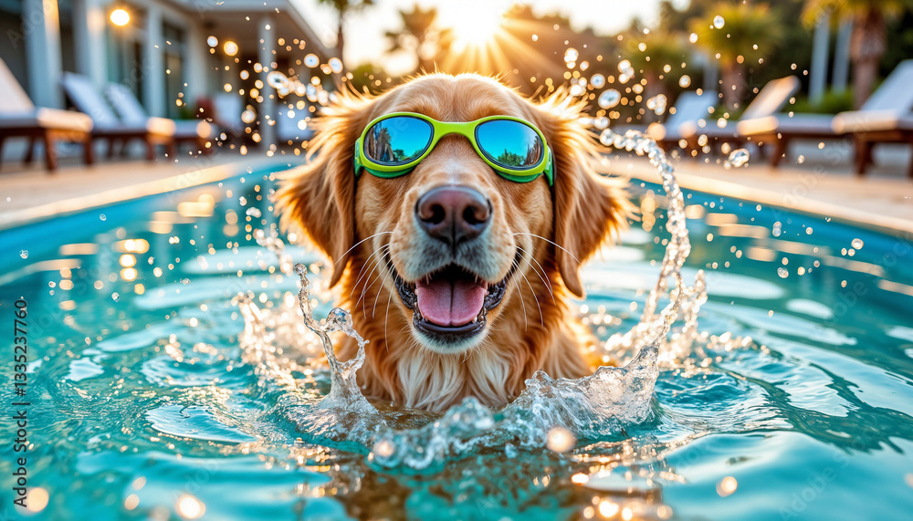 a golden retriever wearing swimming goggles shaking off water by the pool wide angle closeup portrait