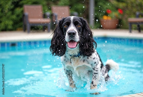 Obraz na płótnie spaniel dog shaking off water on the pool deck by the pool after swimming w salonie