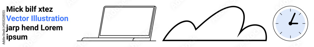 Laptop, cloud, clock representing work efficiency, remote tasks, time tracking. Ideal for productivity, digital workflow, time management, technology remote work scheduling simple landing page Laptop, cloud, clock representing work efficiency, remote tasks, time tracking. Ideal for productivity, digital workflow, time management, technology remote work scheduling simple landing page