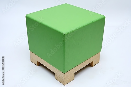 A green wooden cube chair with light wood base