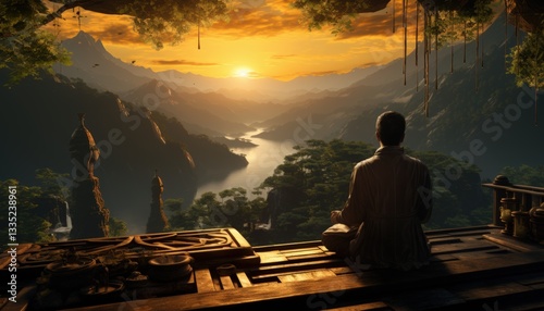 A person practicing yoga during a peaceful sunrise