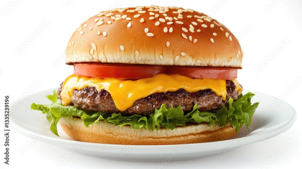A perfectly layered cheeseburger with melted cheese oozing down the sides A perfectly layered cheeseburger with melted cheese oozing down the sides