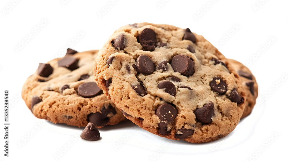 Three chocolate chip cookies stacked on top of each other. The cookies are covered in chocolate chips and appear to be freshly baked Three chocolate chip cookies stacked on top of each other. The cookies are covered in chocolate chips and appear to be freshly baked