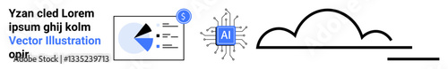 Pie chart with text, AI chip with neural nodes, abstract cloud form. Ideal for technology, AI innovation, data analysis, cloud storage, fintech, network systems and simple landing page