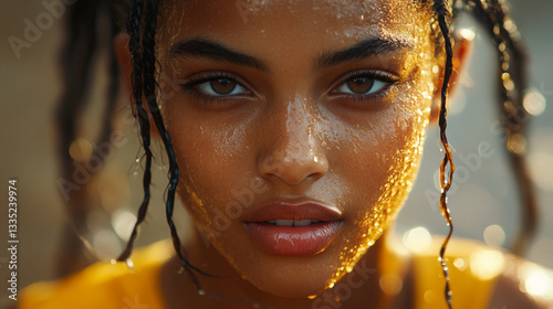 Close-up portrait of an athlete with intense eyes and droplets on her face, Generative AI