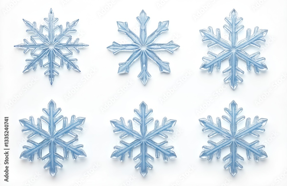 Set of six light blue snowflakes isolated on white. Macro photo of real snow crystals, complex shape. Winter holiday background, xmas celebration pattern, seasonal weather symbol. Elegant decoration Set of six light blue snowflakes isolated on white. Macro photo of real snow crystals, complex shape. Winter holiday background, xmas celebration pattern, seasonal weather symbol. Elegant decoration