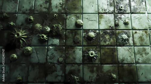 Mold and slime accumulation in the recessed tile grout, contamination, gunk. Ancient Spores. Illustration