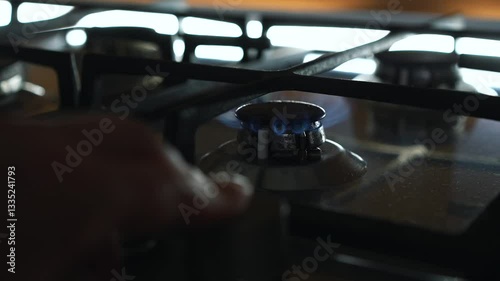 Burning gas stove in the kitchen close-up.
Burning gas on the burner.
Burning gas on the kitchen stove