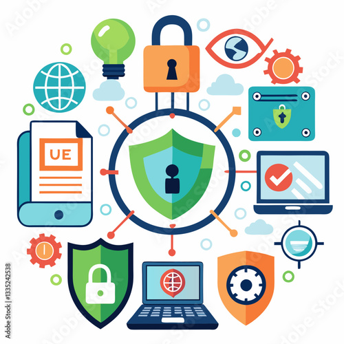 Cybersecurity and Protection Icons with Shield, Lock, and Laptop