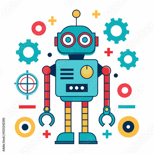 Colorful Robot Character with Gears and Control Symbols photo