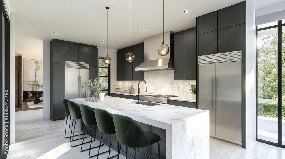 Obraz premium Modern kitchen design, island seating, backyard view, luxury home interior, real estate