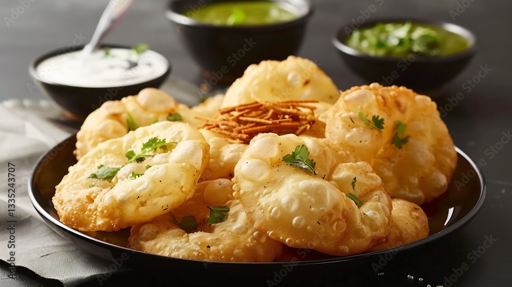 Plate of crispy puris bursting with spiced potatoes chilled yogurt tangy tamarind chutney and sev creating an explosion of colors and textures Plate of crispy puris bursting with spiced potatoes chilled yogurt tangy tamarind chutney and sev creating an explosion of colors and textures