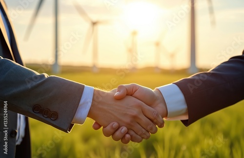 Cropped closeup of businessmen handshake. Wind turbines background as renewable energy concept. Agreements partnership cooperation show deal for pro success with teamwork collaboration innovation for