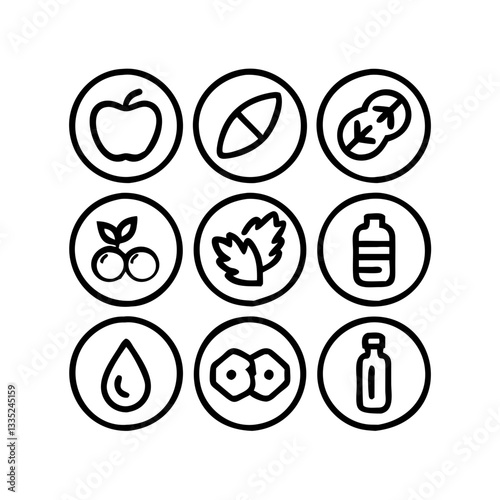 Organic Food and Drink Icon Vector – Apple, Leaf, Water Drop, Berries, Gluten-Free Symbol, Nuts, and Bottle Representing Natural Nutrition and Healthy Lifestyle Concept