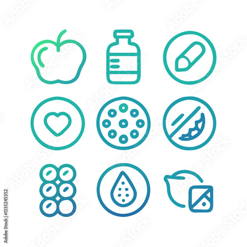 Healthy Food and Supplement Icon Vector – Apple, Pill Bottle, Heart, Capsule, Gluten Free, Vegan, Sugar Free, Hydration and Nutrition Symbols in Line Style Illustration