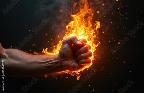 Close-up shot of man fist engulfed in flames against black background. Concept of power, force, resistance, success, energy, fight, sport, business. Fiery punch with hot burning banner.