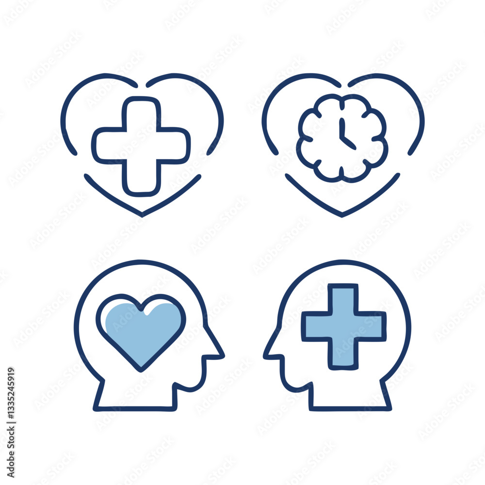 Mental and Emotional Health Icon Vector – Brain, Cross, Heart Inside Human Head, Time Management, Wellness Symbols in Line Style for Medical and Healthcare Concepts Mental and Emotional Health Icon Vector – Brain, Cross, Heart Inside Human Head, Time Management, Wellness Symbols in Line Style for Medical and Healthcare Concepts