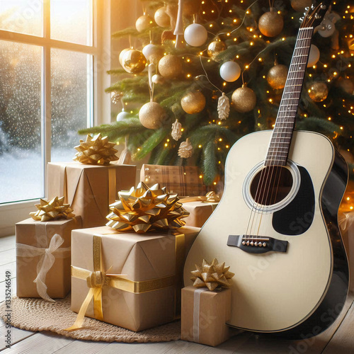 Brown beige guitar with big golden bow lying near stack present boxes under Christmas tree, day,  blurred big winter window with garland lights on background 