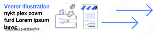 Wallet with digital coins, online storefront, and directional arrows signifying cryptocurrency transactions. Ideal for finance, e-commerce, technology, fintech, innovation, blockchain simple landing