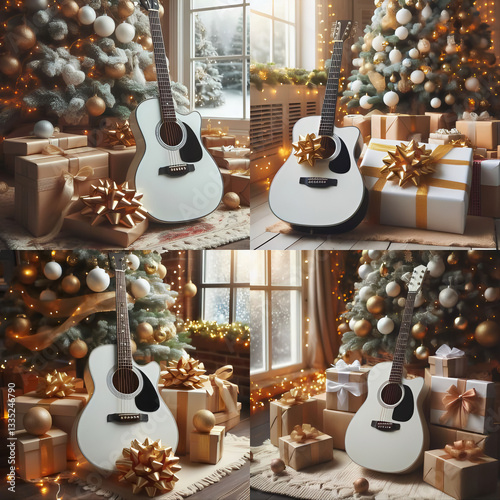White guitar with big golden bow lying near stack present boxes under Christmas tree, day,  blurred big winter window with garland lights on background, Happy New Year