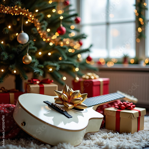 White guitar with big golden bow lying near stack present boxes under Christmas tree, day,  blurred big winter window with garland lights on background 