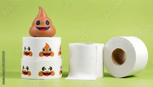 Happy Poop Emoji Figurine on Stack of Toilet Paper Rolls with Poop Emojis