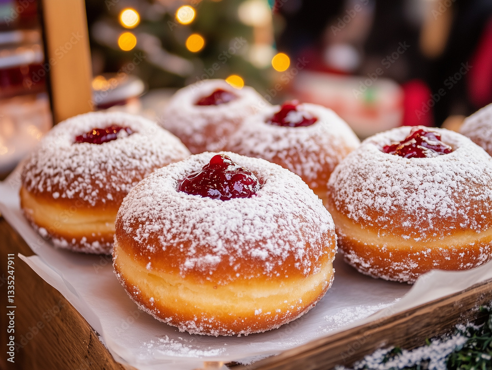 Soft German Berliner doughnuts filled with raspberry jam in a charming Christmas market.