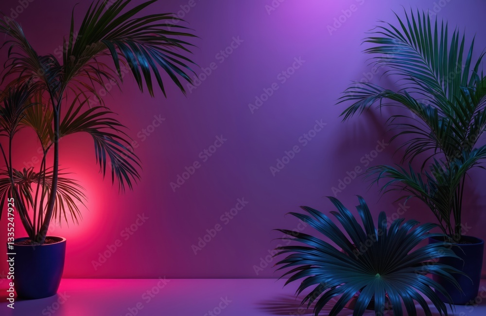 Obraz premium Moody illuminated night background with tropical palms, copy space in vibrant retro style. Exotic fluorescent green leaves on dark colorful jungle plants flora in pink neon light. Minimal botany