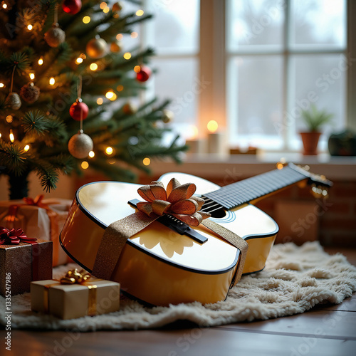 Brown beige guitar with big golden bow lying near stack present boxes under Christmas tree, day,  blurred big winter window with garland lights on background 