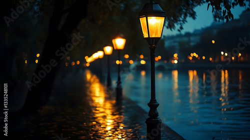 Street Lamps Along a Riverbank Illuminating a Night Walkway