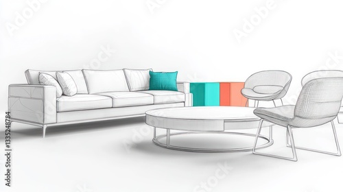 A minimalist white background with delicate grey furniture drawings, featuring a sleek sofa, circular coffee table, and elegant chairs