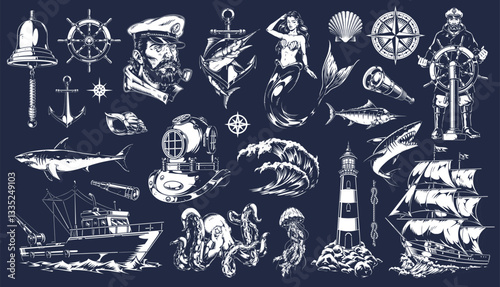 Nautical illustrations of sea life and ships