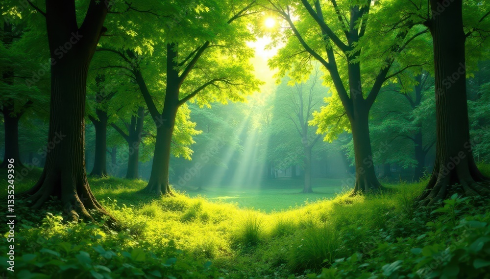 Fototapeta premium Sun-dappled square in lush green forest clearing, floor, woods, environment