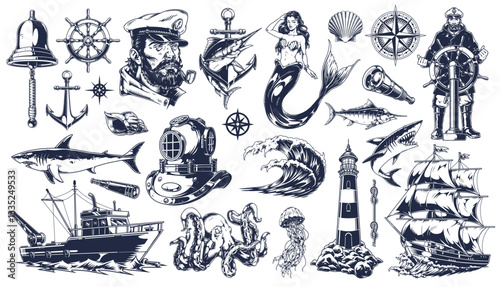 Nautical art with sea life and ships