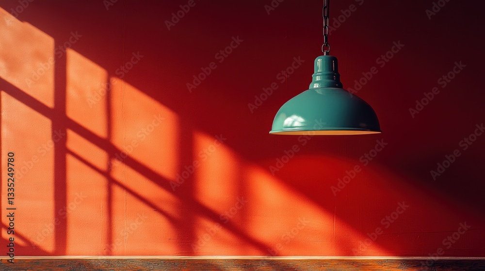 Obraz premium Teal pendant light casts shadows on red wall
