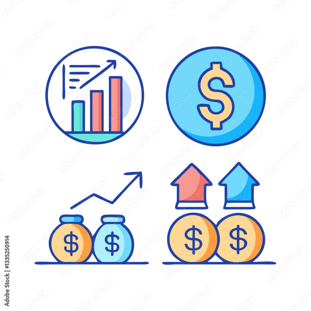 Colorful Financial Icons: Money, Growth, and Investment Symbols with Graphs Colorful Financial Icons: Money, Growth, and Investment Symbols with Graphs