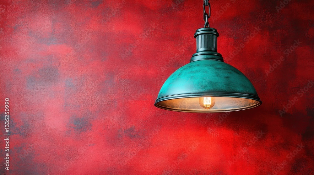 Obraz premium Teal pendant light against red wall