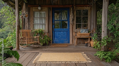 A bohemian-style jute doormat with fringed edges, adding charm to a wooden cabin entrance.